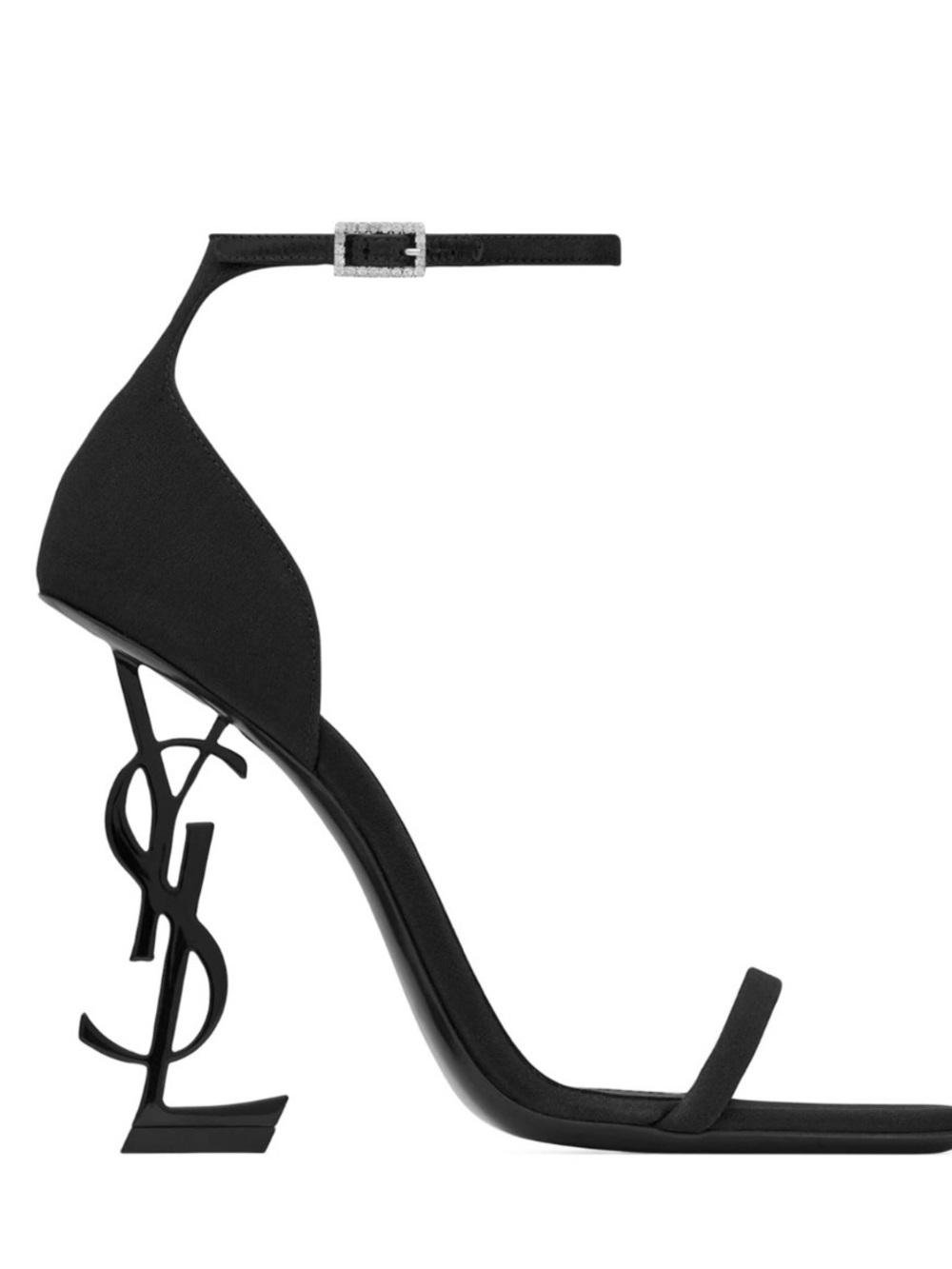 Saint Laurent Black Sculptural YSL-Heel Ankle Strap Sandal silk satin crystal